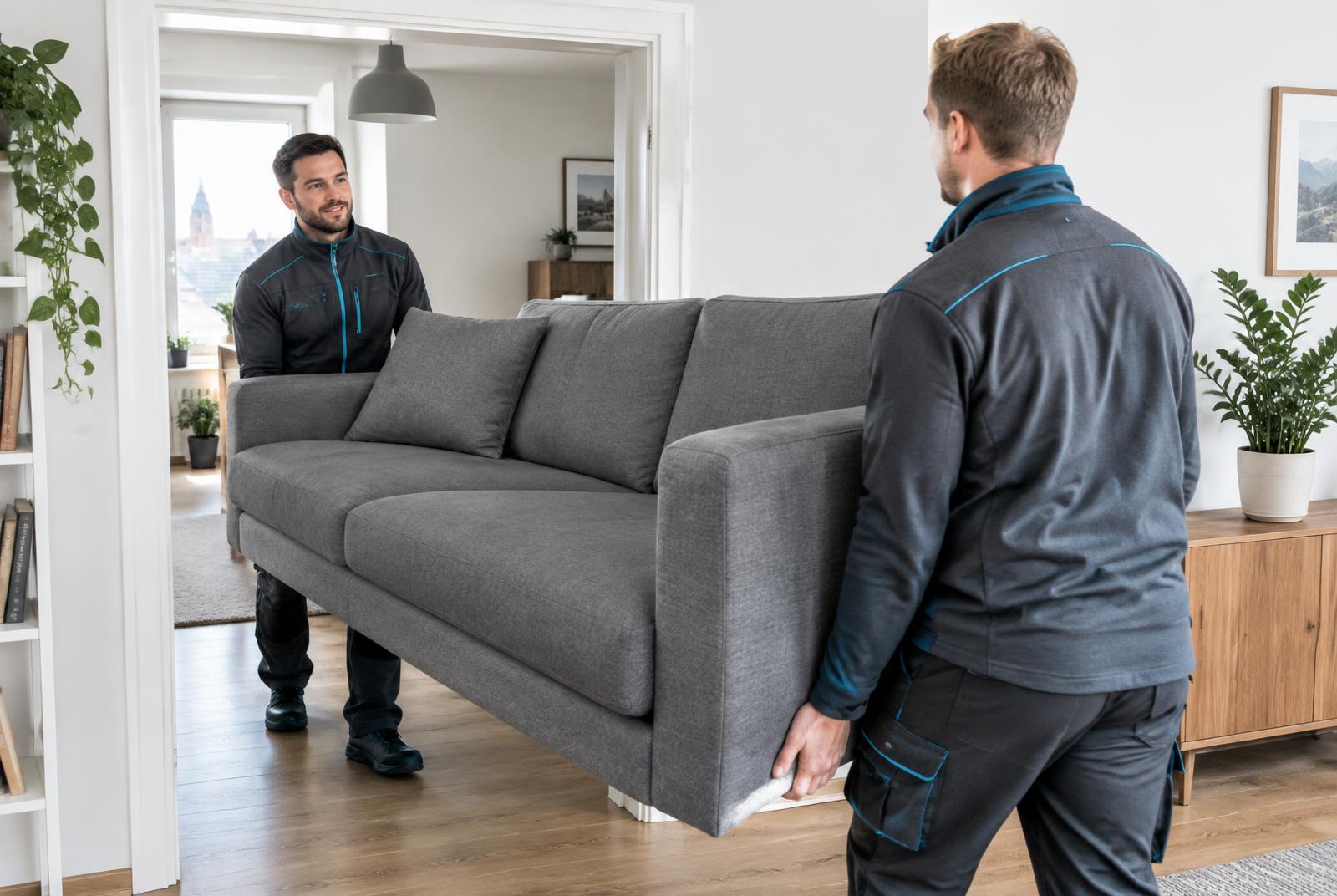 Zwei Räumungsprofis tragen ein Sofa aus einer Wohnung