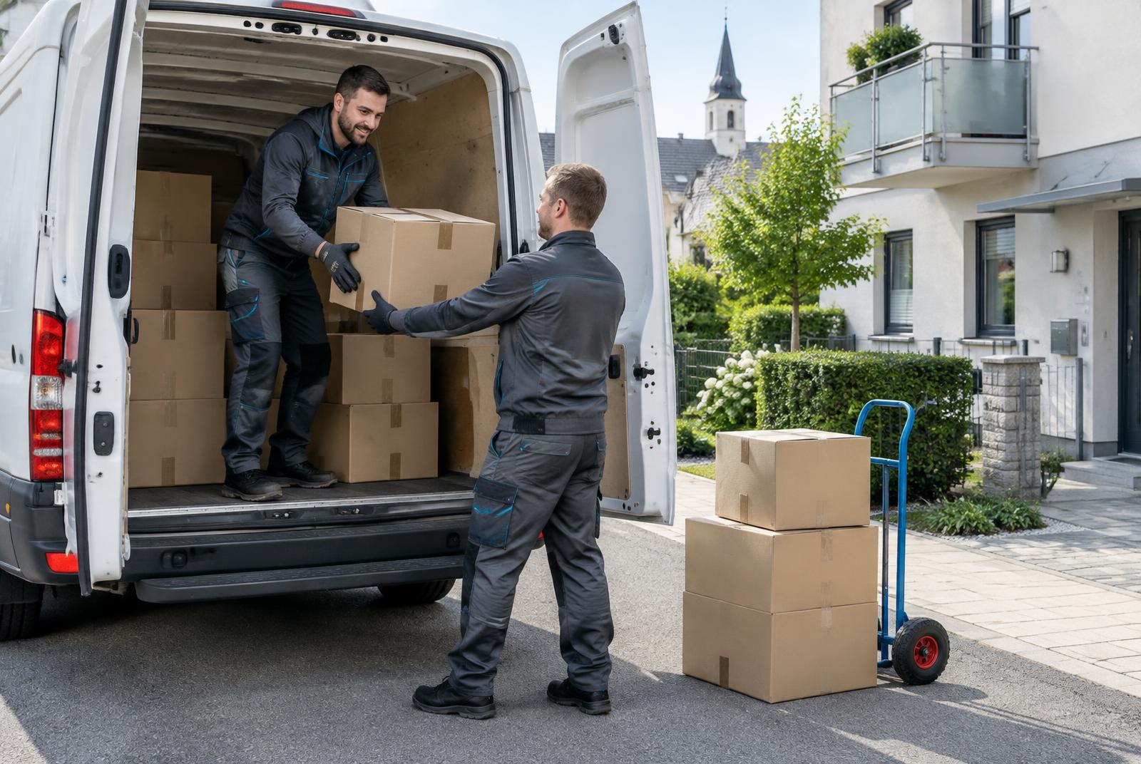 Räumungsteam belädt einen Transporter mit Kartons